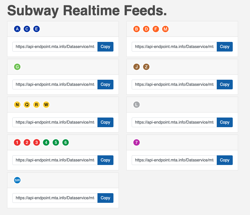 A screenshot of the RealTime Subway feeds page